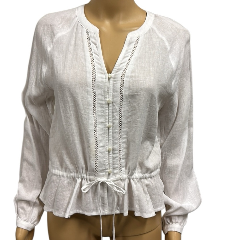 Linen a.n.a Button Down White V Neck Crochet Accent Tie Waist Blouse Womens XS